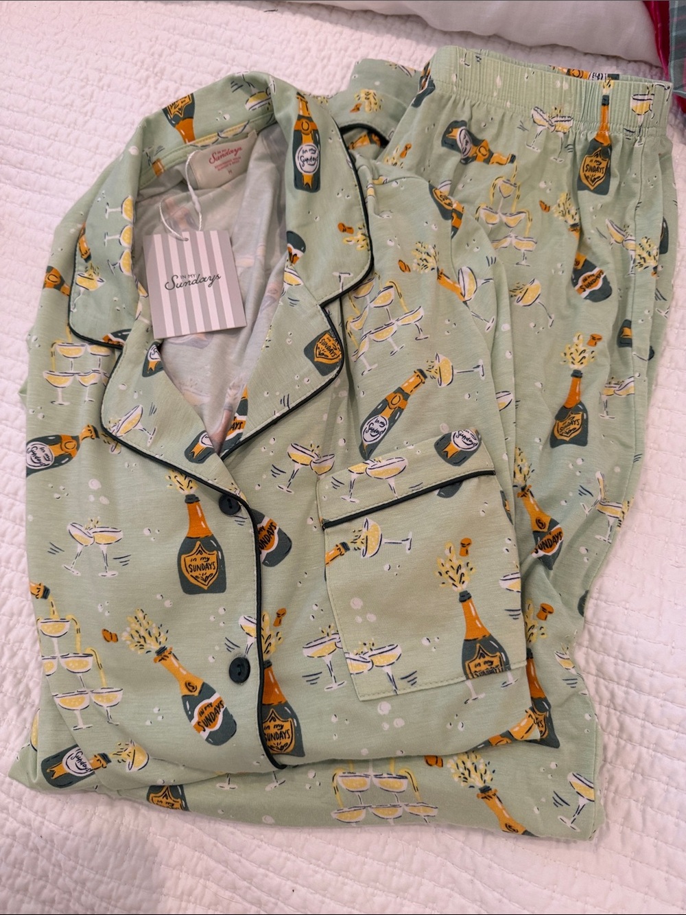Mint Green Champagne Bottle Print Pajama Set with Contrast Piping